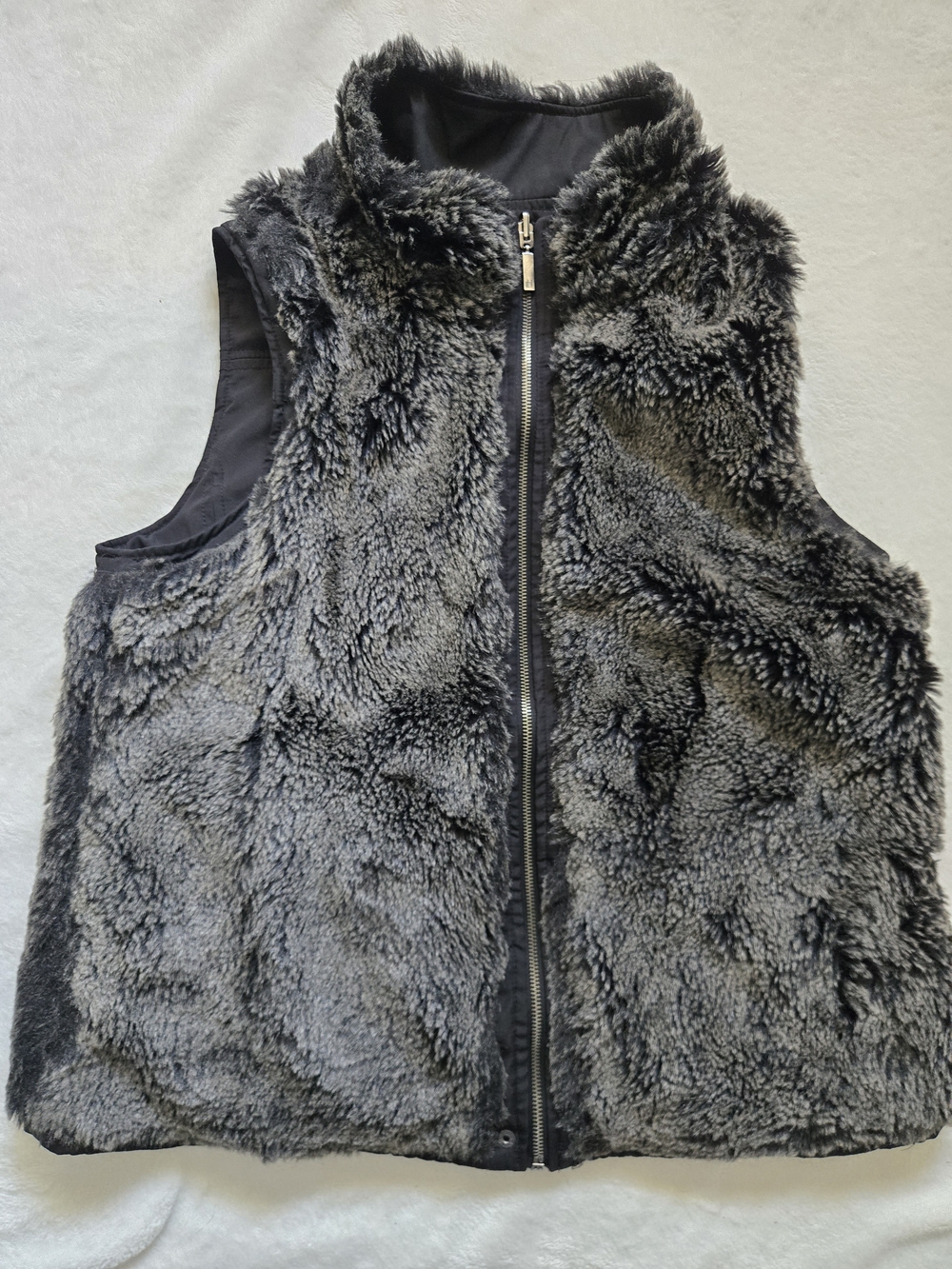 Reversible Plush Gray Faux Fur/Black Zip-Front Vest